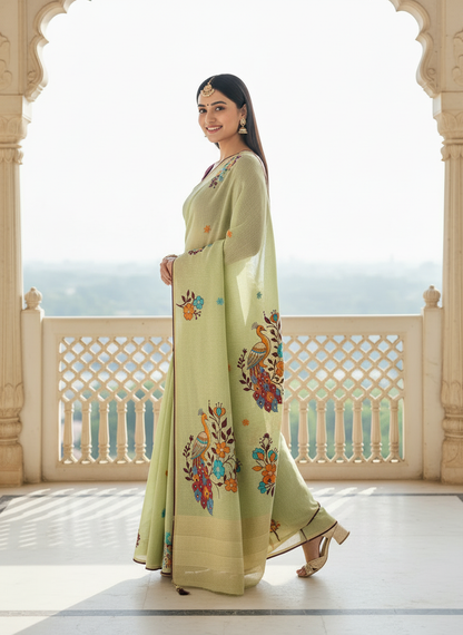 Khushi  | Pastel Green Cotton Silk / Linen Silk Look Peacock Saree 🌿✨