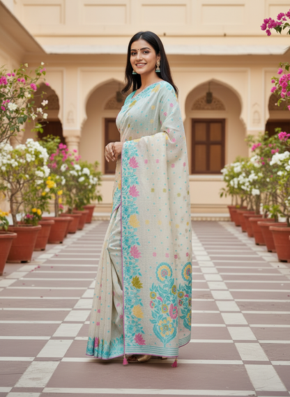 Khushi | Soft Cotton Blend Off- White Floral Printed Saree 🌸💙