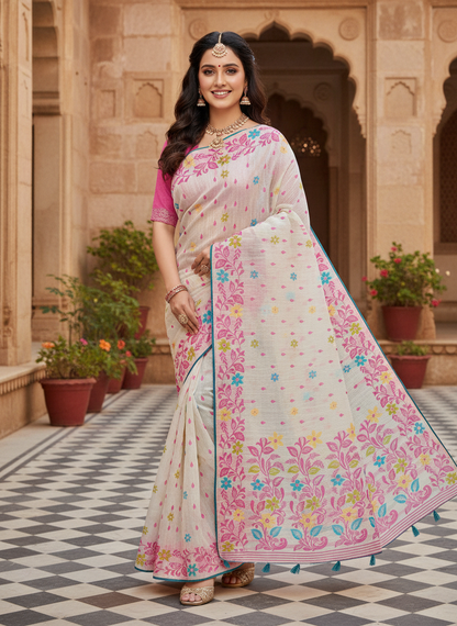 Khushi | Ivory Floral Cotton Blend / Linen-Look Saree 🌸✨