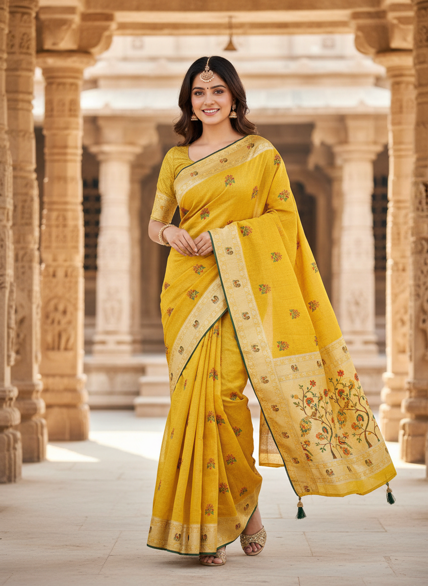 Khushi Mustard Yellow Floral Motif Saree with Traditional Border-Cotton