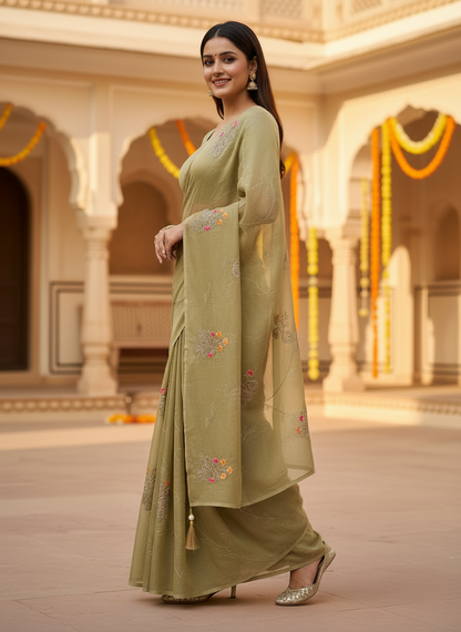Lily-Elegant Organza Silk Embroidered  Saree with Floral Motifs