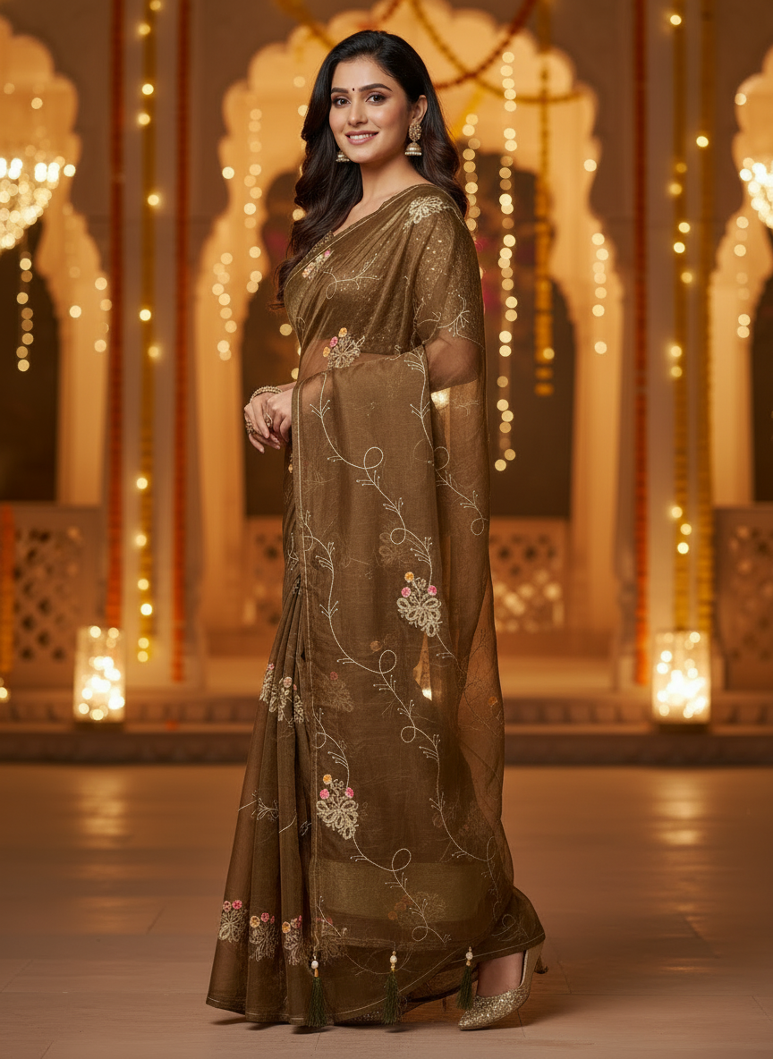 Lily-Elegant Embroidered Organza Silk Saree with Floral Motifs-Organza Silk