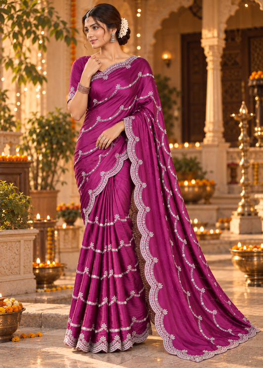 Satin Saree with Embroidered Scalloped Border & Blouse