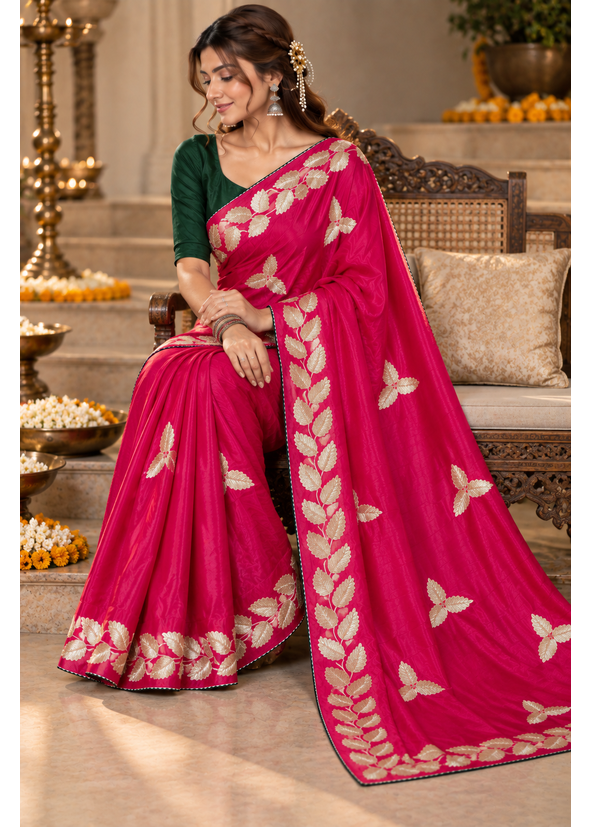 Kalpatru Satin Silk Saree with Embroidered Leaf Border & Blouse