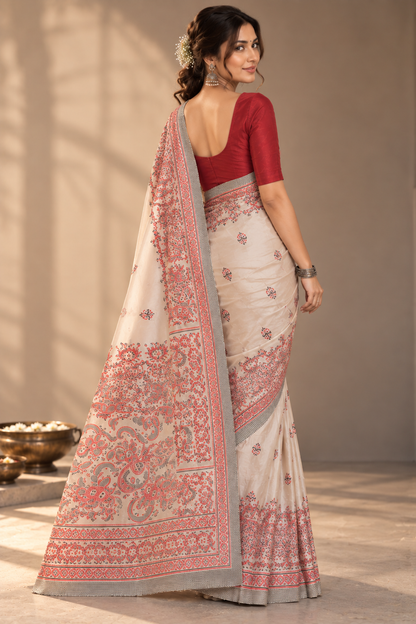 Modal Silk Saree with Printed Border & Blouse