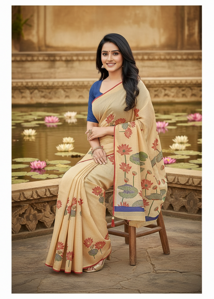 Khushi | Beige Lotus Print Cotton Blend / Linen-Look Saree 🌸✨