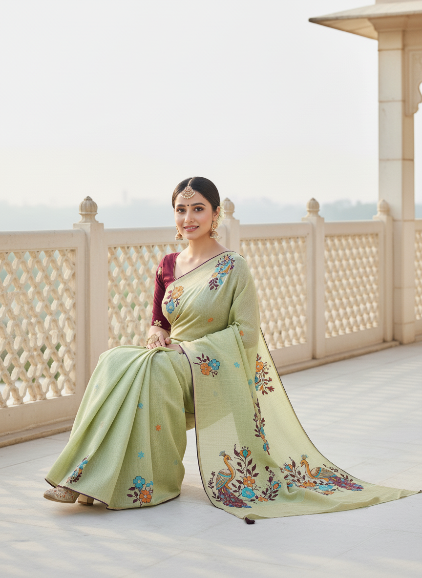 Khushi Pastel Green Hand-Embroidered Peacock Saree