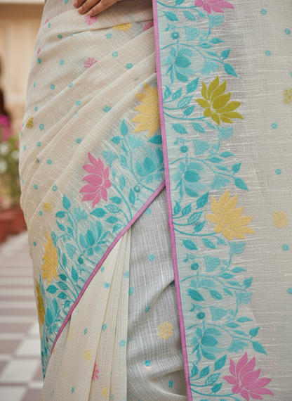 Khushi | Soft Cotton Blend Off- White Floral Printed Saree 🌸💙