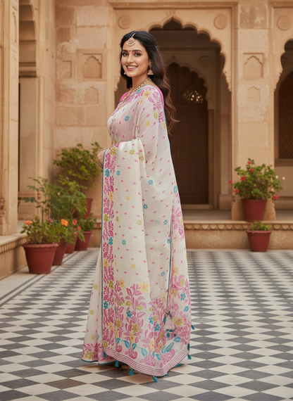 Khushi | Ivory Floral Cotton Blend / Linen-Look Saree 🌸✨