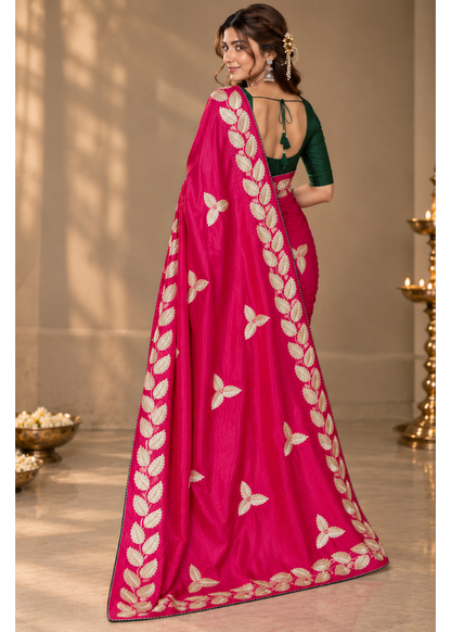 Kalpatru Satin Silk Saree with Embroidered Leaf Border & Blouse