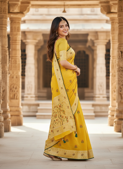 Khushi | Mustard Yellow Floral Motif Saree with Traditional Border-Cotton