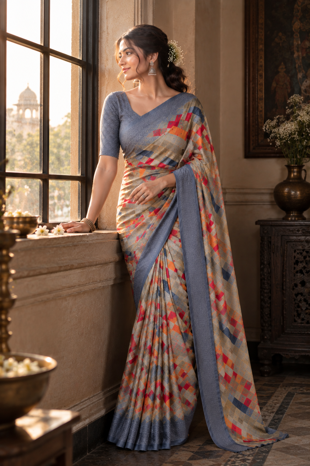 Modal Silk Saree with Printed Border & Blouse