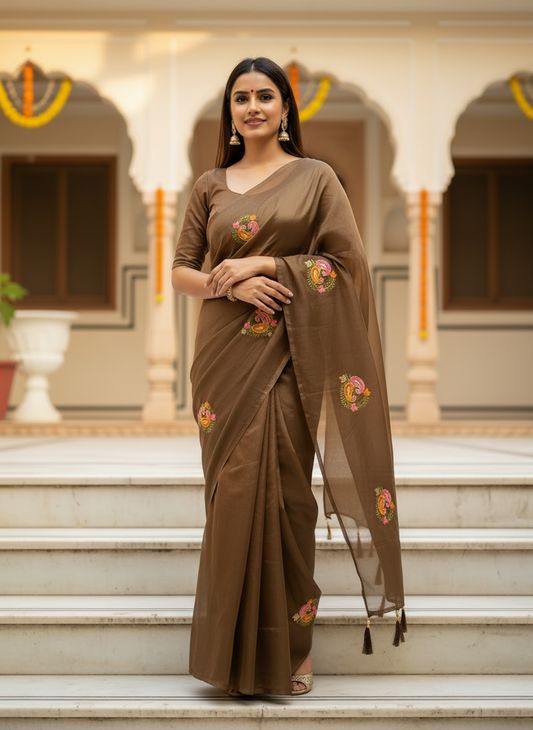 Jasmine | Embroidered Saree with Floral Motifs and Tassel Pallu-Organza Silk