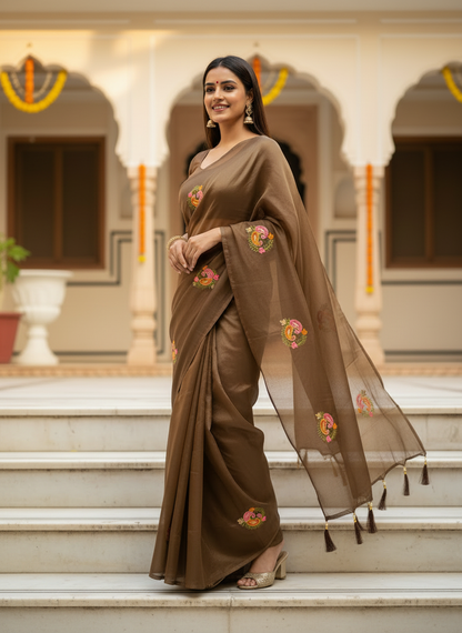 Jasmine | Organza Silk Embroidered Saree with Floral Motifs and Tassel Pallu