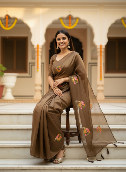 Jasmine | Organza Silk Embroidered Saree with Floral Motifs and Tassel Pallu