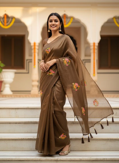Jasmine | Organza Silk Embroidered Saree with Floral Motifs and Tassel Pallu