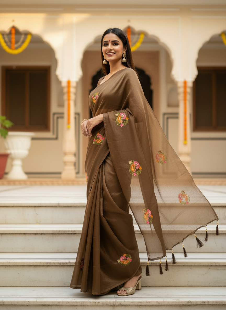 Jasmine | Organza Silk Embroidered Saree with Floral Motifs and Tassel Pallu