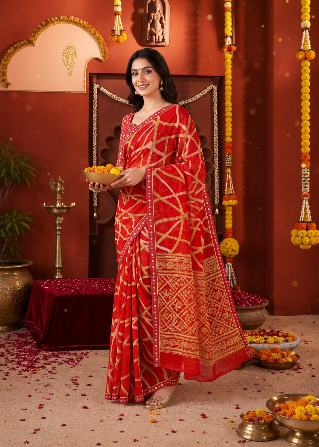 Suvarnika Luxury Printed Georgette Saree with Abstract print & Refined Border (Red)