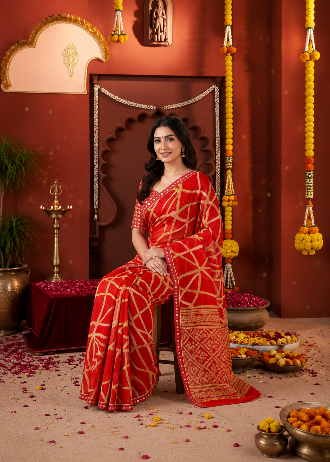 Suvarnika Luxury Printed Georgette Saree with Abstract print & Refined Border (Red)