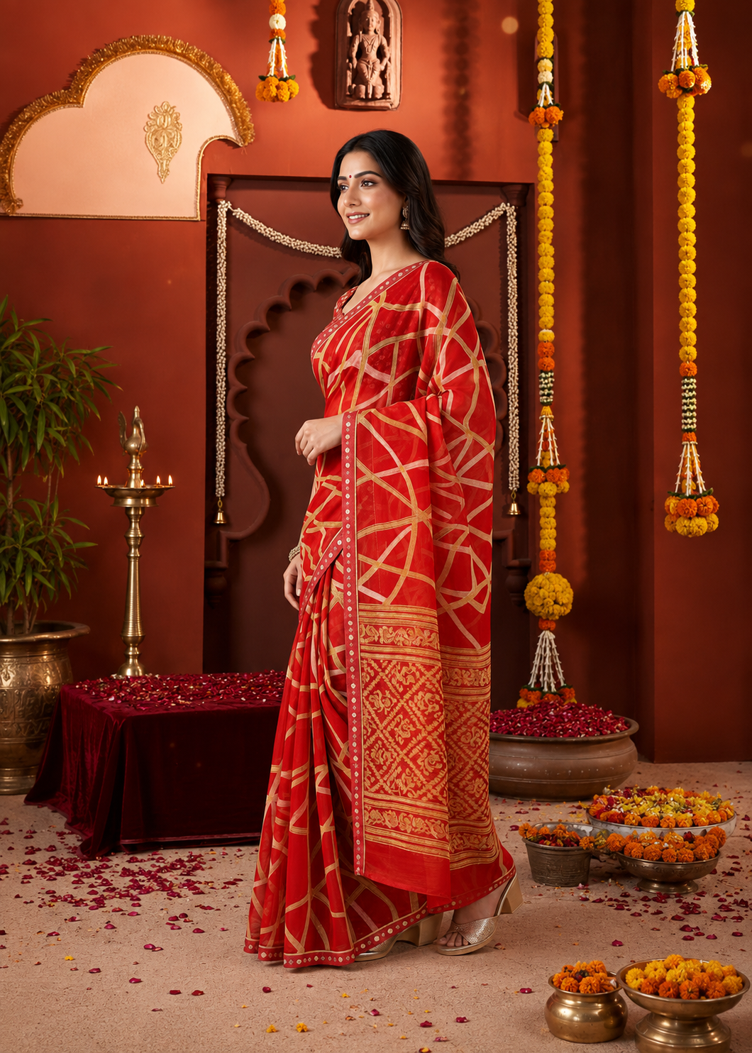 Suvarnika Luxury Printed Georgette Saree with Abstract print & Refined Border (Red)