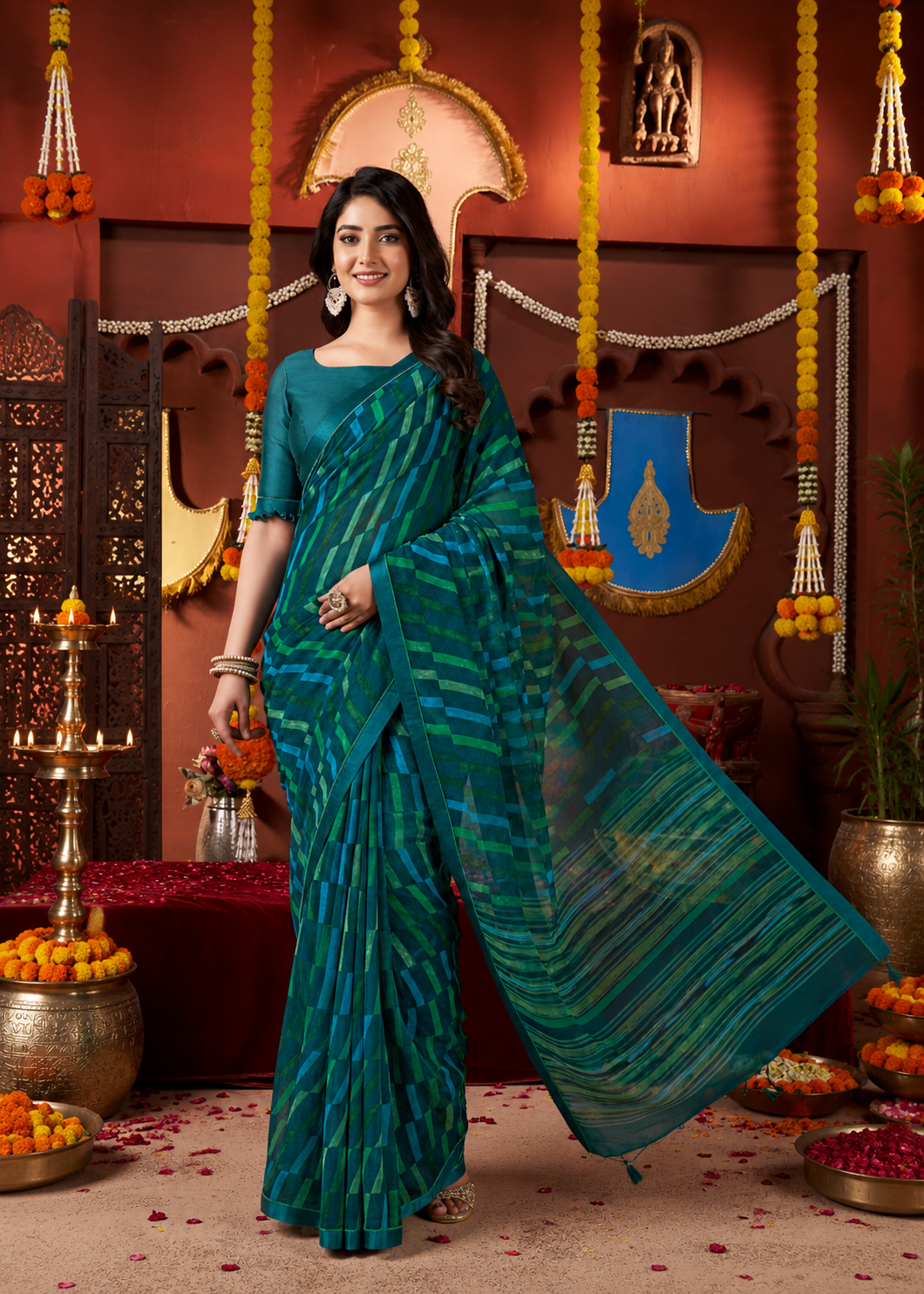 Suvarnika Luxury Printed Georgette Saree with Abstract print & Refined Border (Peacock Green)