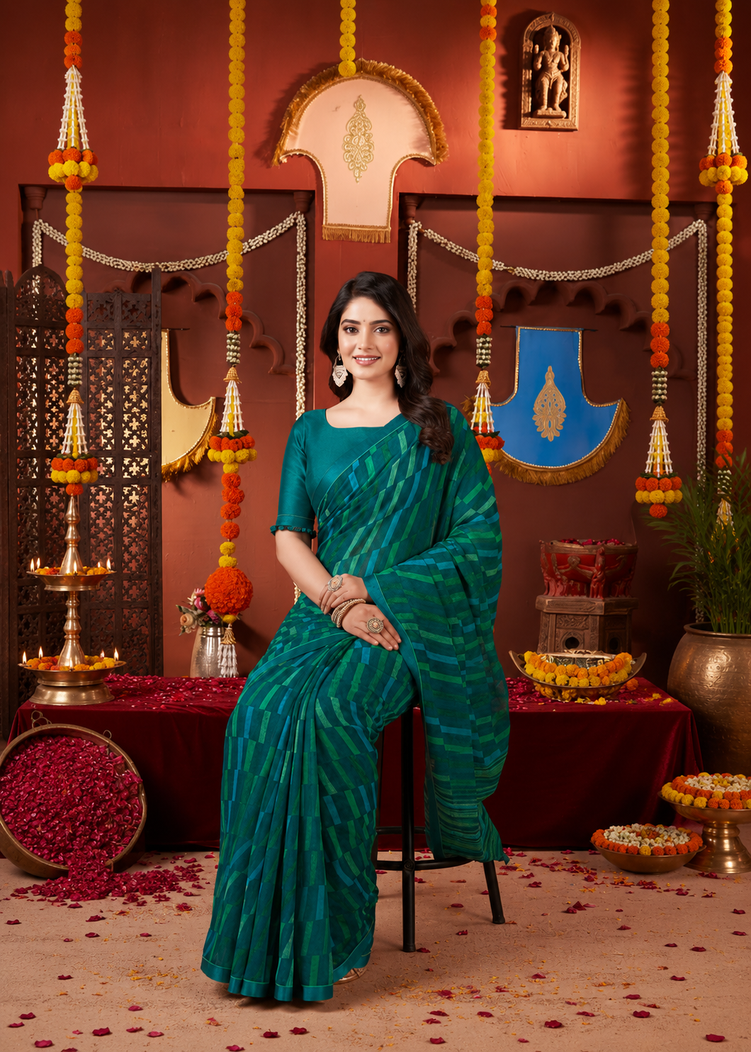 Suvarnika Luxury Printed Georgette Saree with Abstract print & Refined Border (Peacock Green)