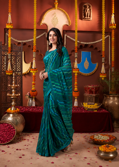 Suvarnika Luxury Printed Georgette Saree with Abstract print & Refined Border (Peacock Green)