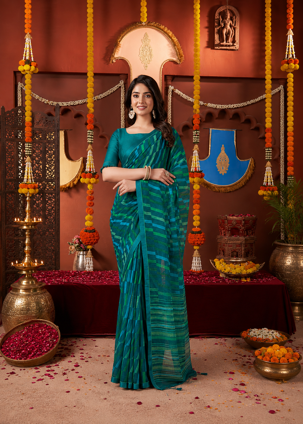 Suvarnika Luxury Printed Georgette Saree with Abstract print & Refined Border (Peacock Green)