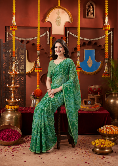 Suvarnika Luxury Printed Georgette Saree with Abstract print & Refined Border (Green)