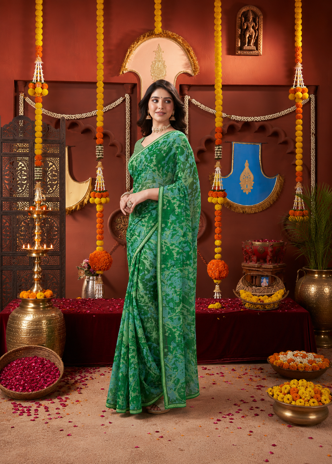 Suvarnika Luxury Printed Georgette Saree with Abstract print & Refined Border (Green)
