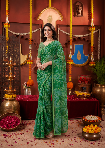 Suvarnika Luxury Printed Georgette Saree with Abstract print & Refined Border (Green)