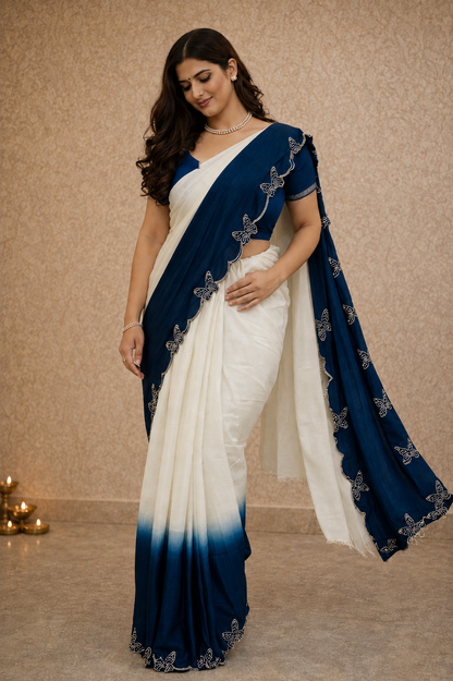Ambar Satin Silk Ombre Shaded Butterfly Embellished Saree