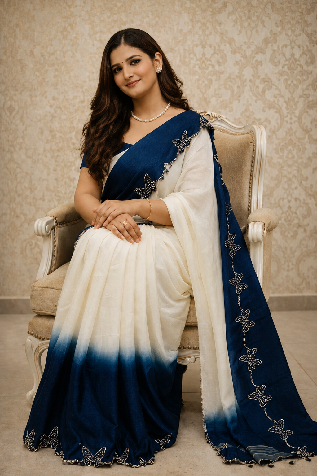 Ambar Satin Silk Ombre Shaded Butterfly Embellished Saree