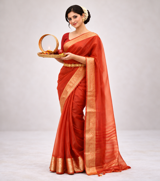 Ganga | Organza Tissue Designer Saree with Zari Border 💚✨
