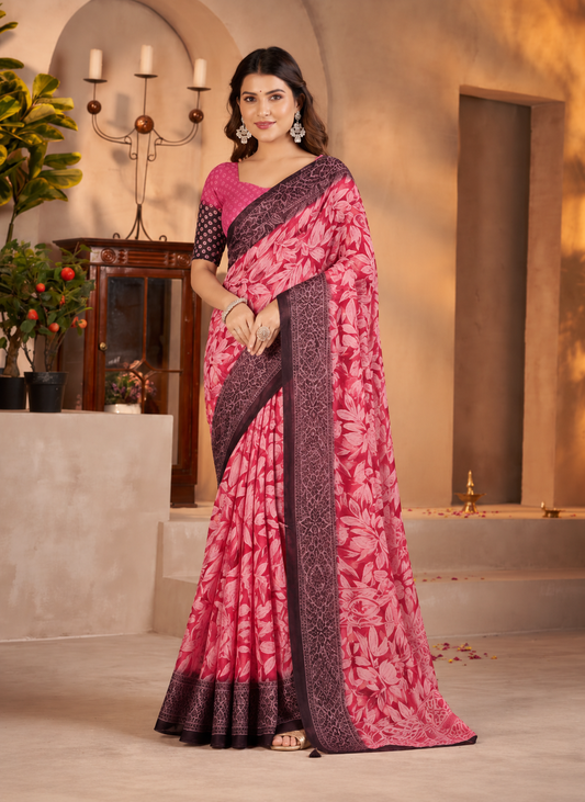 Kesariya Soft Georgette Heritage Leaf Print Saree with Classic Border