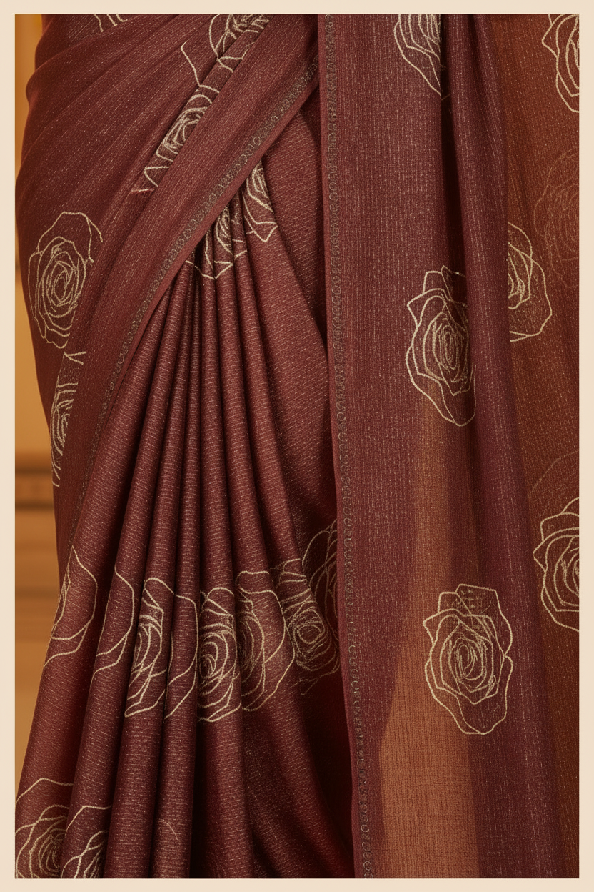 Elisha Georgette Silk Elegant Golden Rose Motif Festive Saree