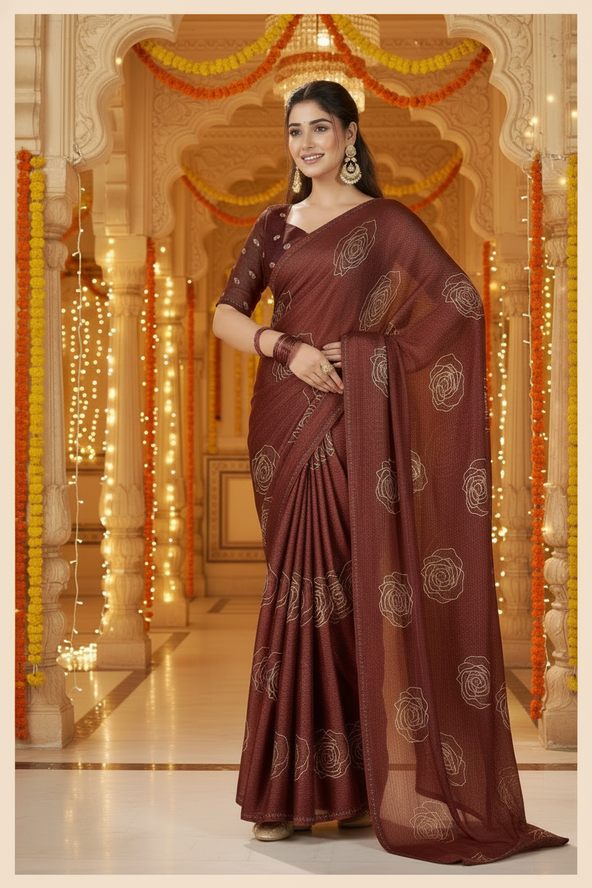 Elisha Georgette Silk Elegant Golden Rose Motif Festive Saree