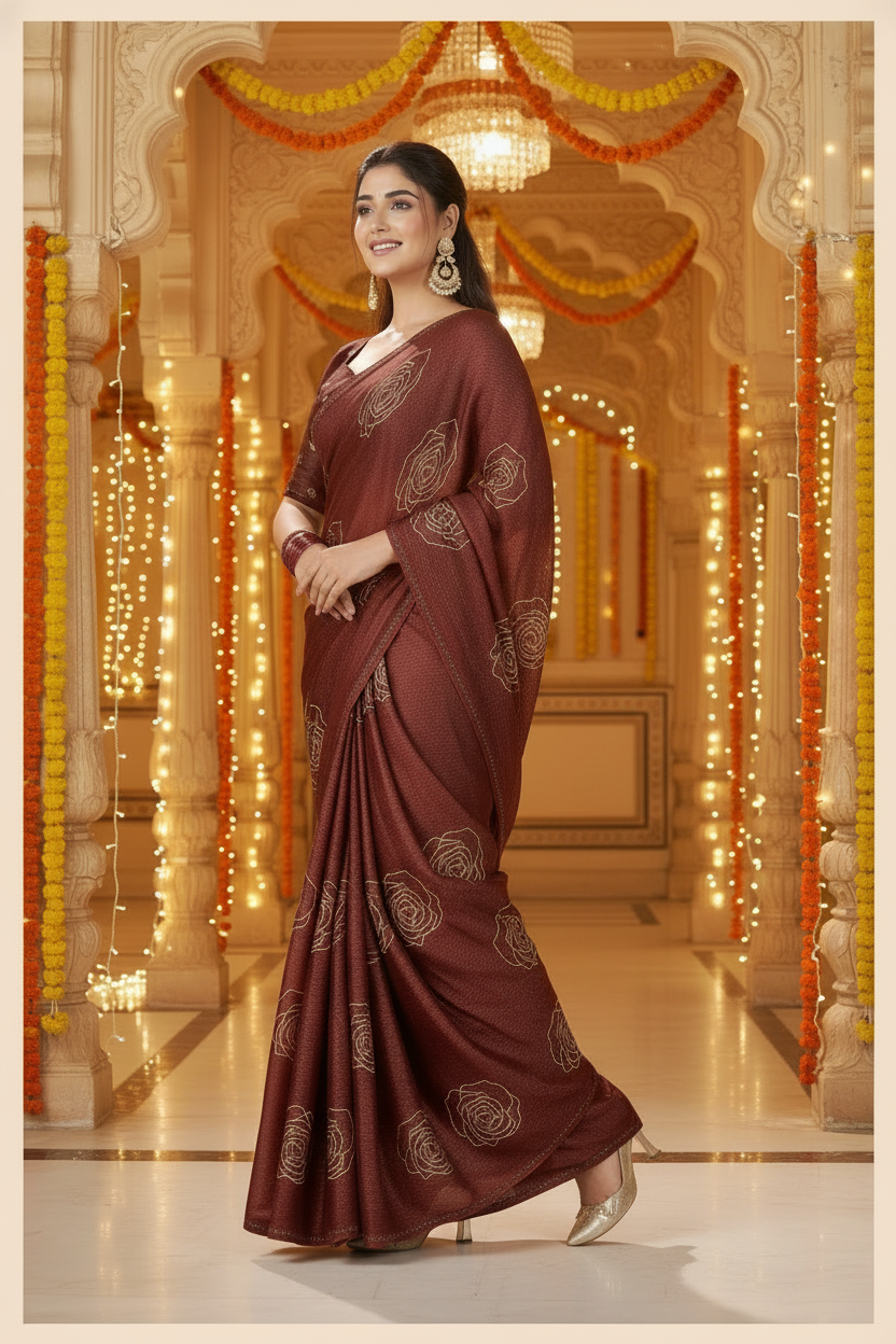Elisha Georgette Silk Elegant Golden Rose Motif Festive Saree