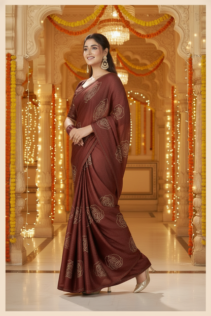 Elisha Georgette Silk Elegant Golden Rose Motif Festive Saree