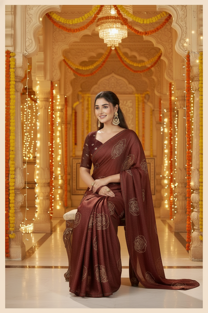 Elisha Georgette Silk Elegant Golden Rose Motif Festive Saree