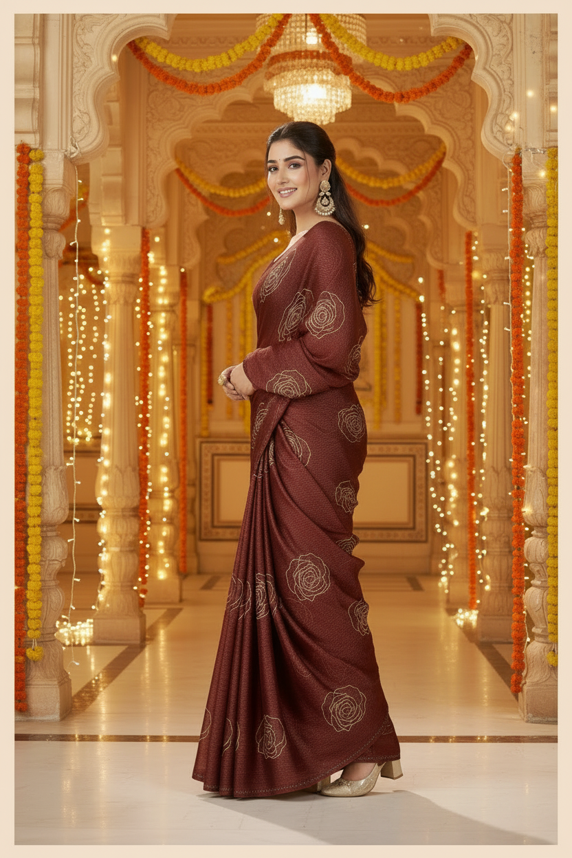Elisha Georgette Silk Elegant Golden Rose Motif Festive Saree