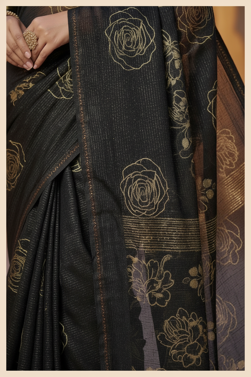 Elisha Georgette Silk Elegant Golden Rose Motif Festive Saree