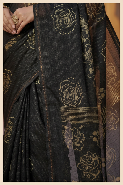 Elisha Georgette Silk Elegant Golden Rose Motif Festive Saree