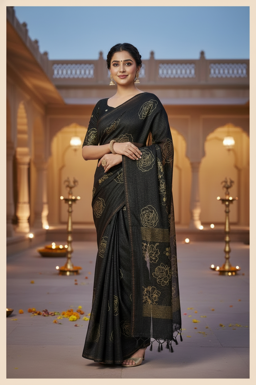Elisha Georgette Silk Elegant Golden Rose Motif Festive Saree