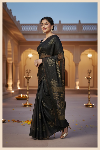 Elisha Georgette Silk Elegant Golden Rose Motif Festive Saree