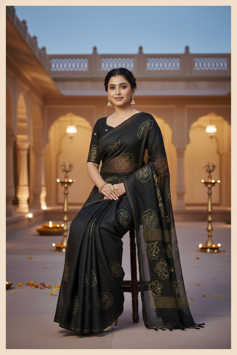 Elisha Georgette Silk Elegant Golden Rose Motif Festive Saree