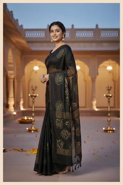 Elisha Georgette Silk Elegant Golden Rose Motif Festive Saree