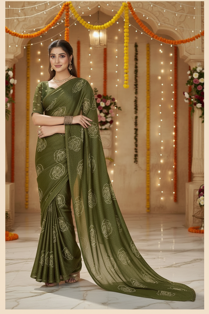 Elisha Georgette Silk Elegant Golden Rose Motif Festive Saree