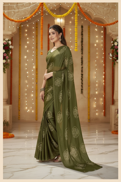 Elisha Georgette Silk Elegant Golden Rose Motif Festive Saree