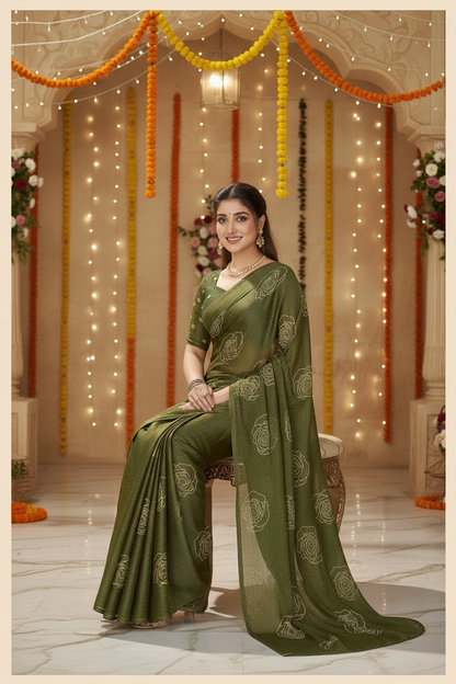 Elisha Georgette Silk Elegant Golden Rose Motif Festive Saree